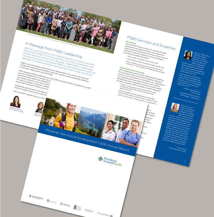 Pages from the Providence St. Joseph Health provider recruitment annual report