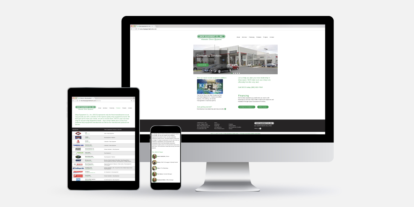 Shop Equipment Co., Inc. custom WordPress theme, responsive website views on mobile and desktop devices
