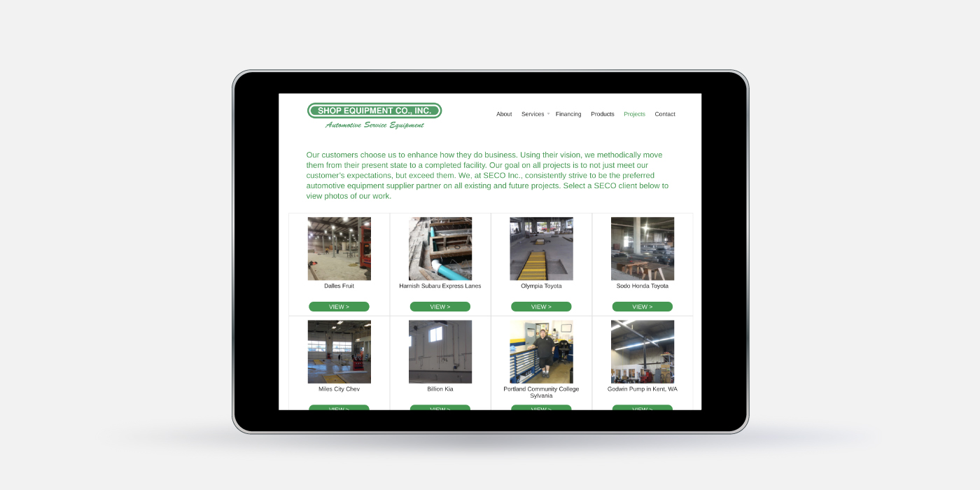 Shop Equipment Co., Inc. custom WordPress theme, responsive website tablet view