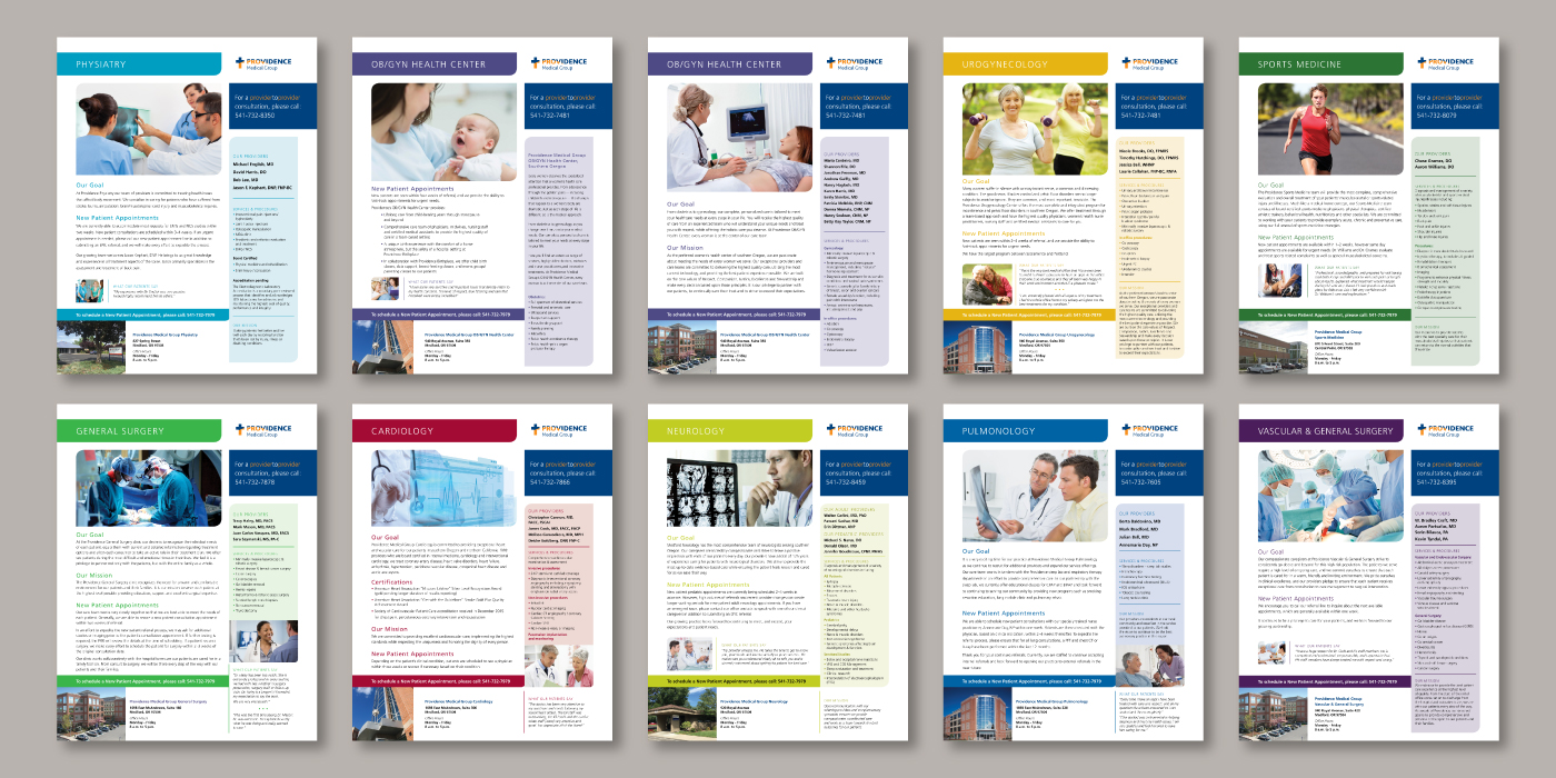 8.5 x 11 printed flyers for the various medical divisions of Providence Medical Group in Medford Oregon