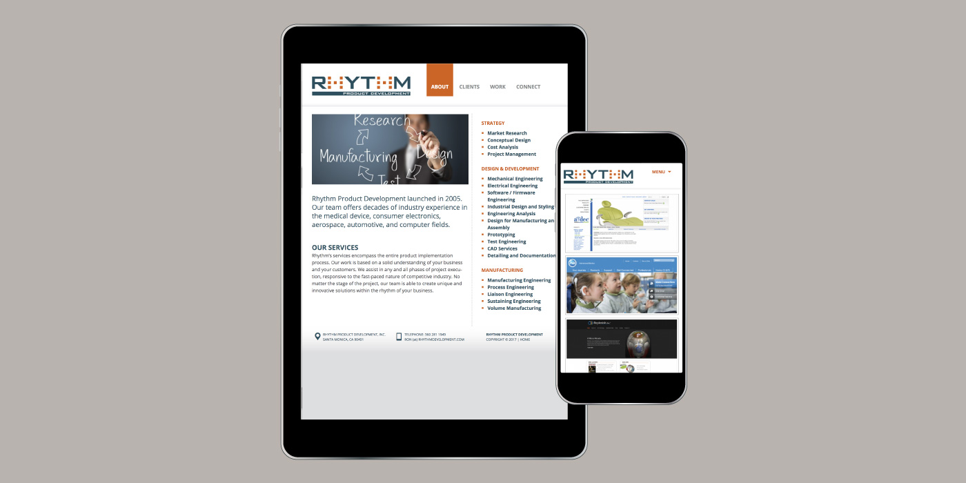 Rhythm Product Development mobile views of website