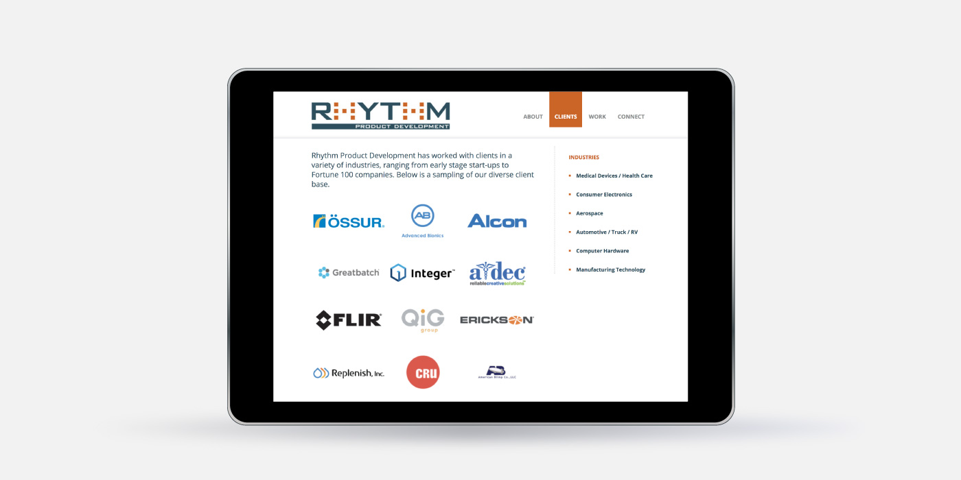 Rhythm Product Development tablet view of website