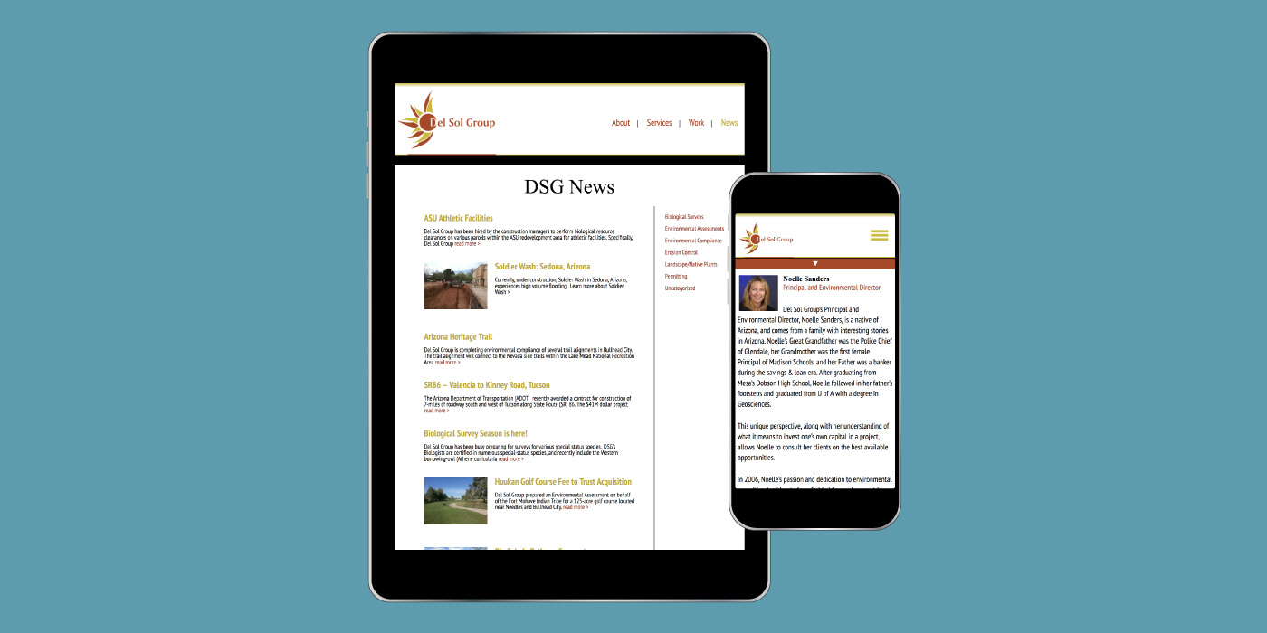 Mobile views of the Del Sol Group custom WordPress theme and responsive website