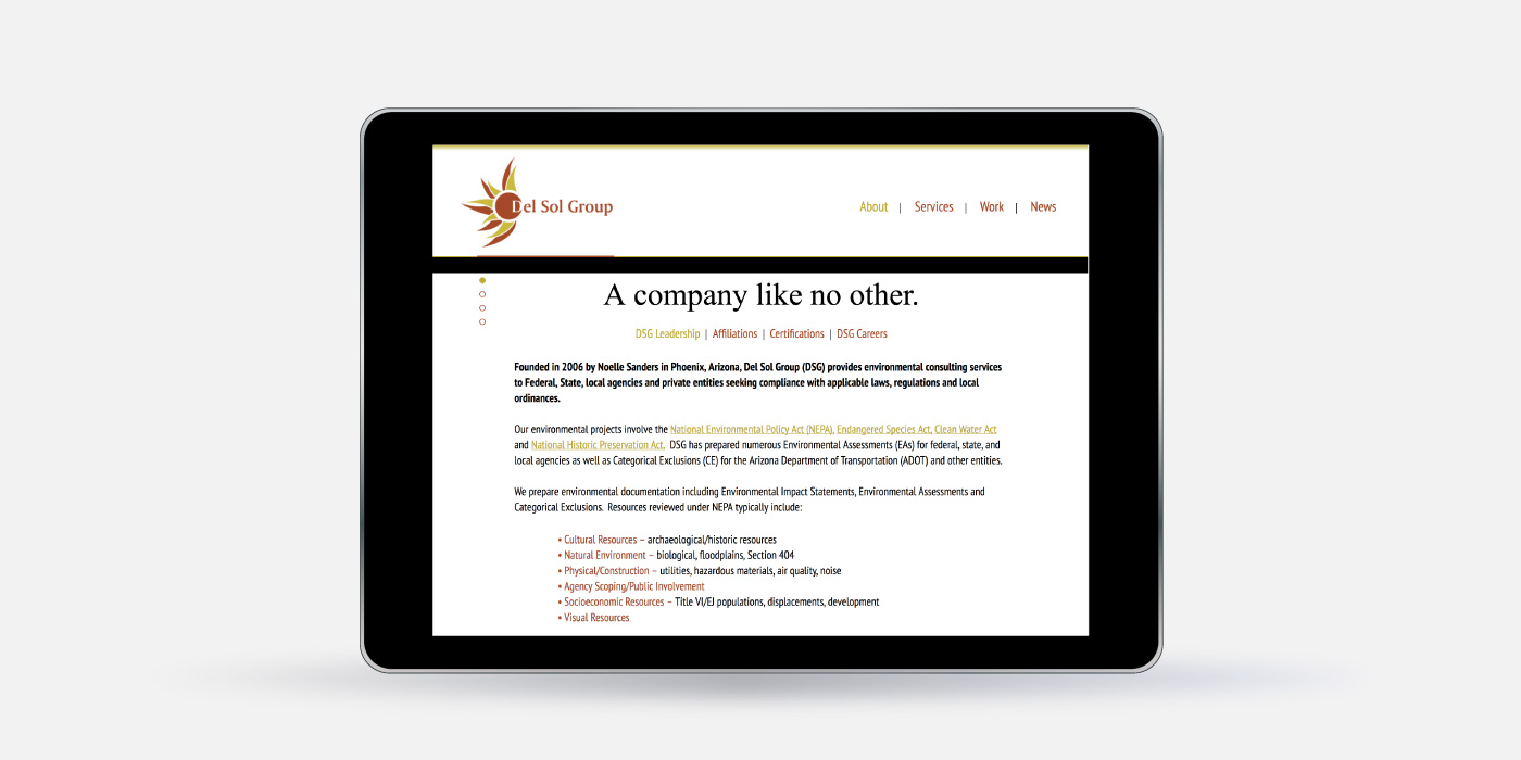 Tablet view of the Del Sol Group custom WordPress theme and responsive website