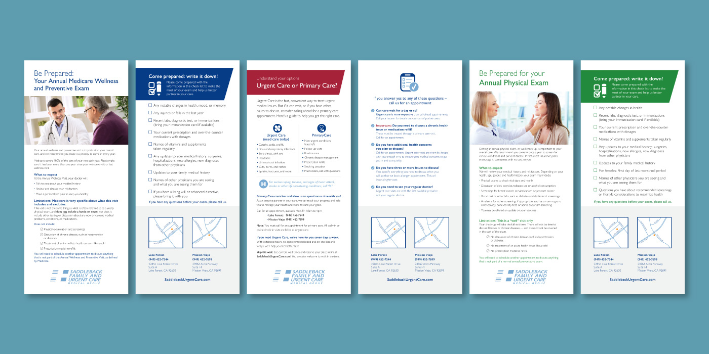 Medical rack cards for Medicare Wellness and preventive exams, urgent care, primary care and physical exams